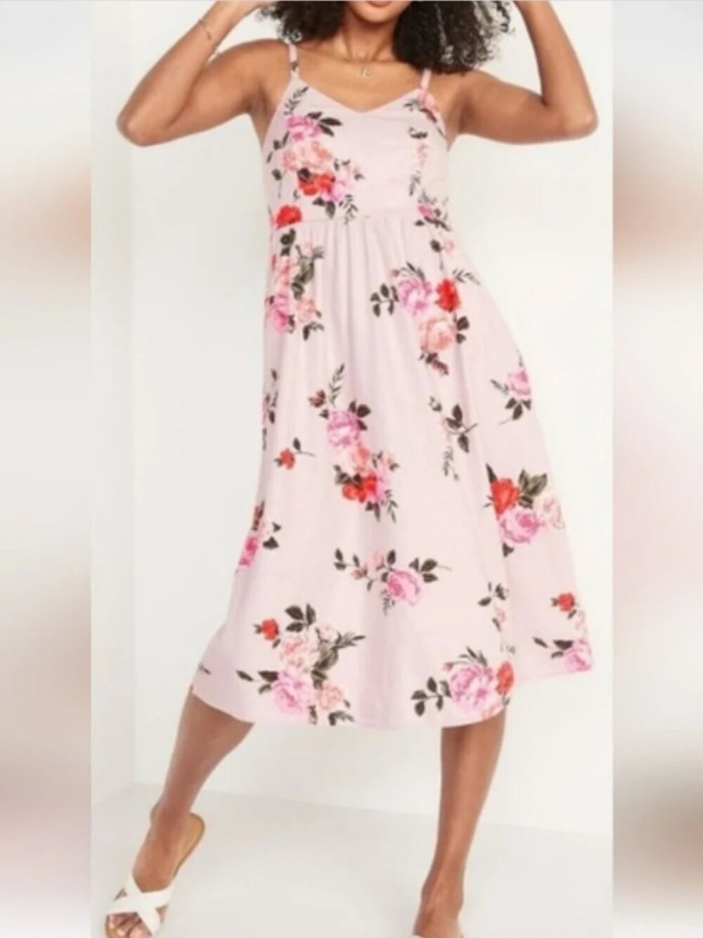 Old Navy NEW Size XXL 2XL Pink Floral Cami Midi Dress Linen Blend Pockets